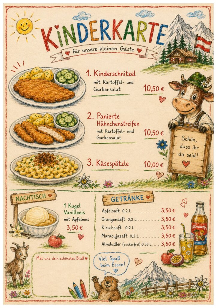 Kinderkarte Restaurant Austria Berlin-Kreuzberg: Kinderschnitzel, panierte Hühnchenstreifen, Käsespätzle, Vanilleeis und Getränke